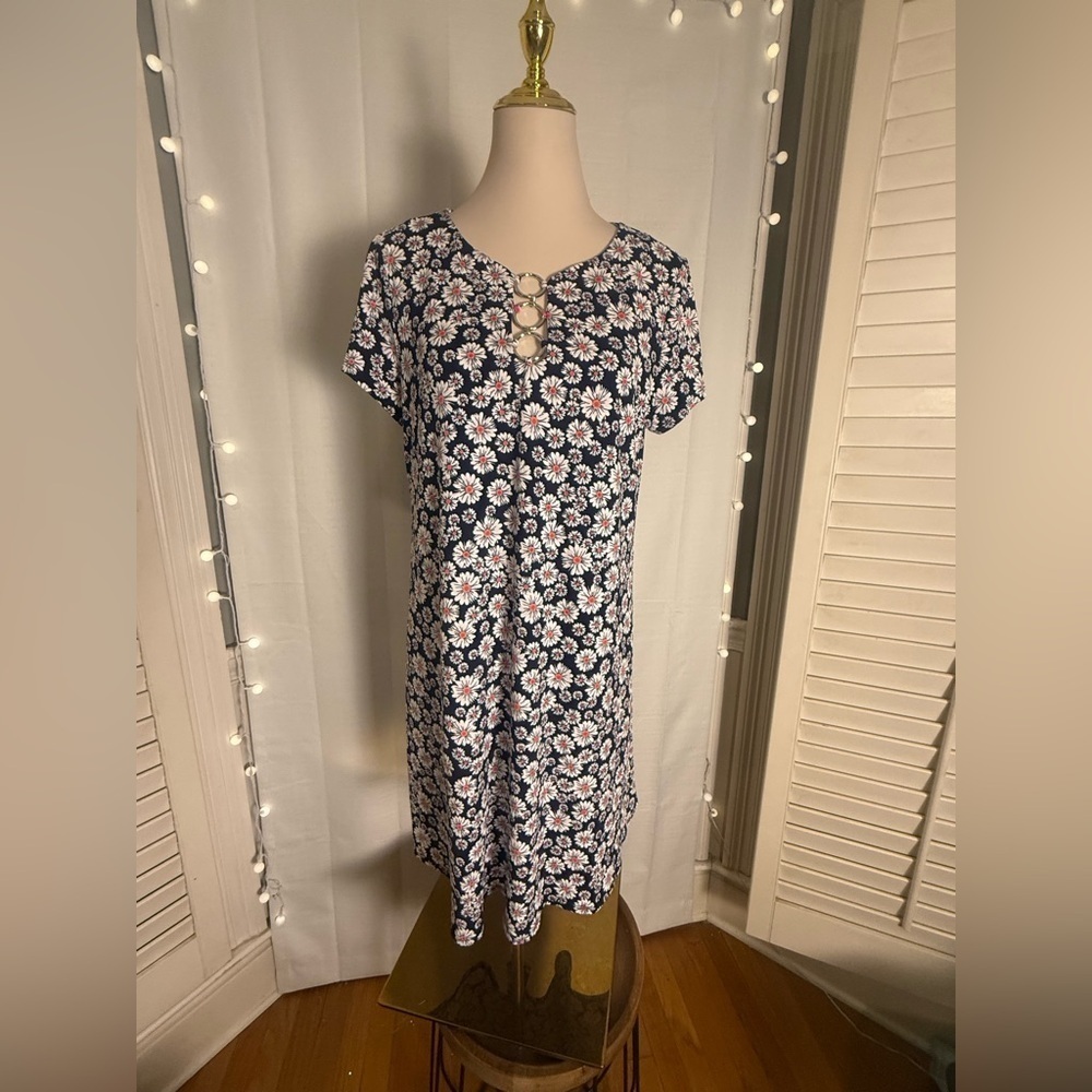 MSK Petite Daisy Floral Swing Dress PXL Navy Ring Neck Keyhole Summer Casual